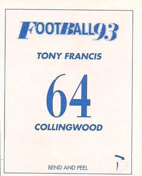1993 Select AFL Stickers #64 Tony Francis Back